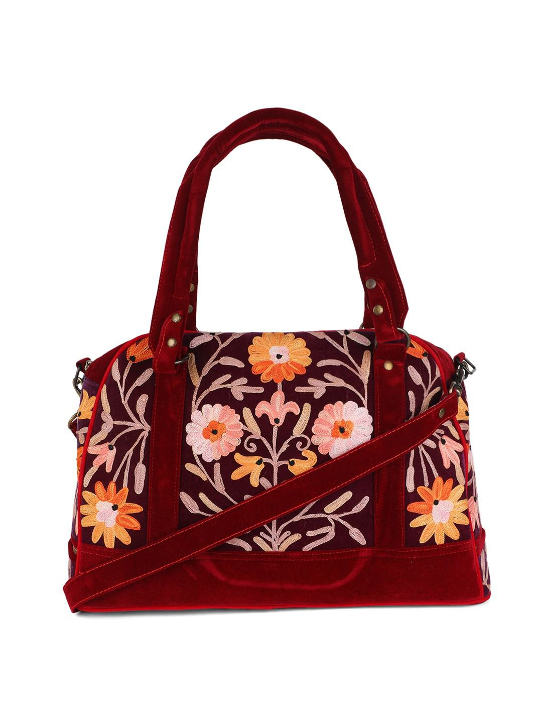 RED & BURGUNDY SUEDE HANDBAG WITH MULTICOLOUR AARI EMBROIDERY WITH SINGLE ZIP