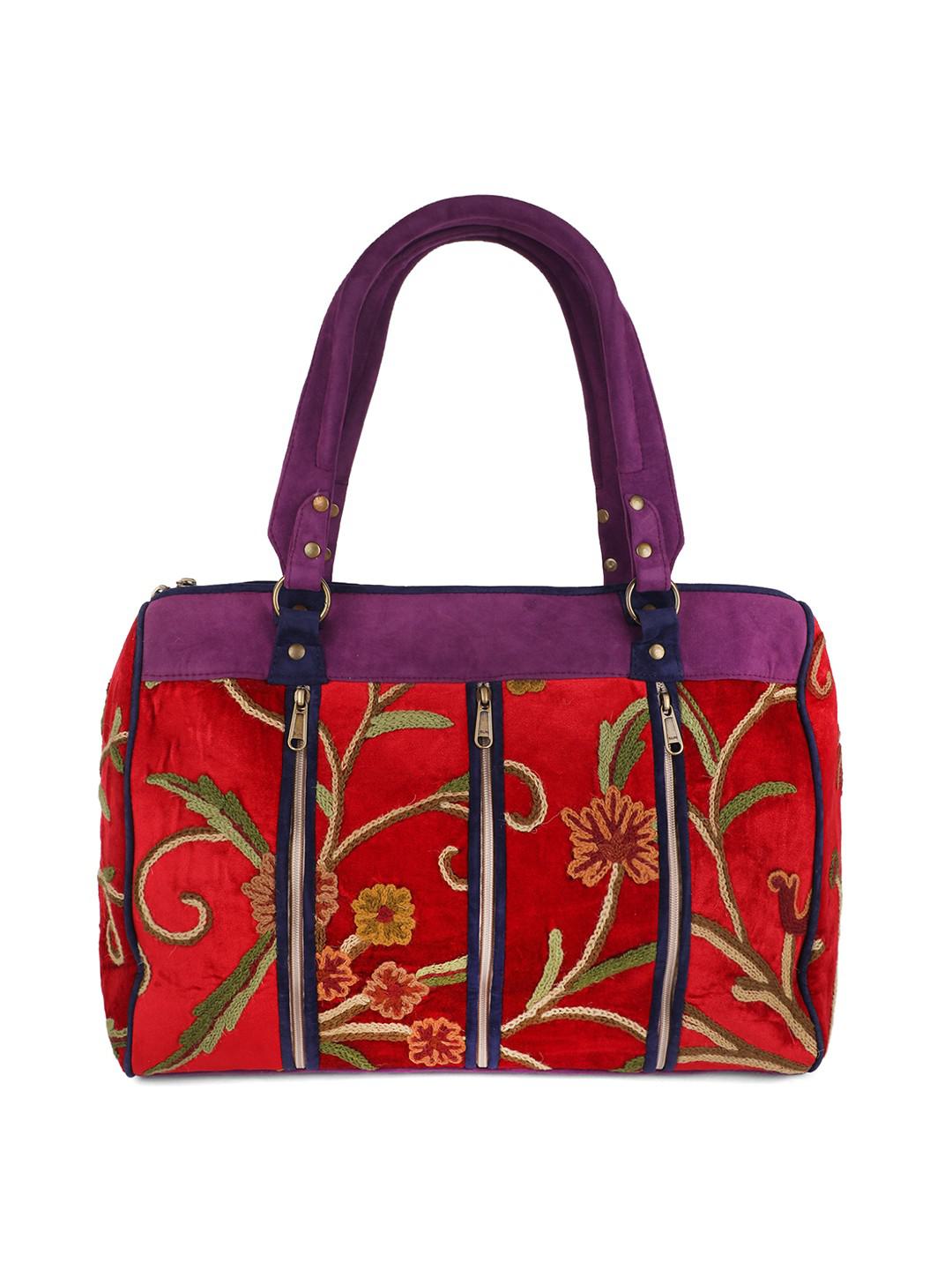 DEEP BERRY & ROSEWOOD SUEDE HANDBAG WITH MULTICOLOUR AARI EMBROIDERY WITH SINGLE ZIP