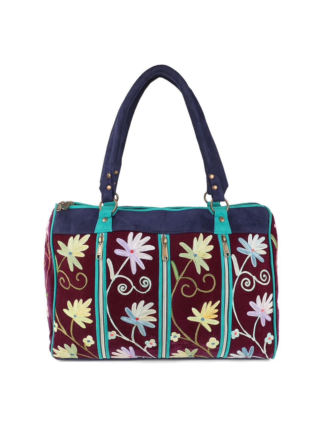 DEEP WINE WITH GRREN PIPING SUEDE HANDBAG WITH MULTICOLOUR AARI EMBROIDERY WITH SINGLE ZIP