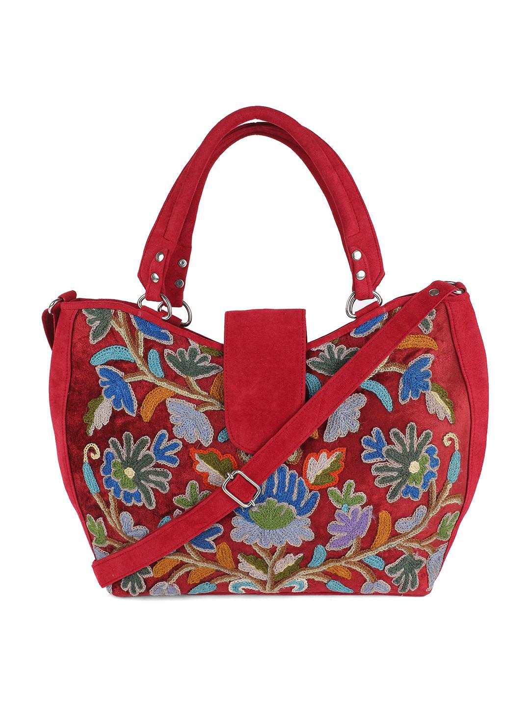 ROSEWOOD SUEDE HANDBAG WITH MULTICOLOUR AARI EMBROIDERY WITH DOUBLE ZIP