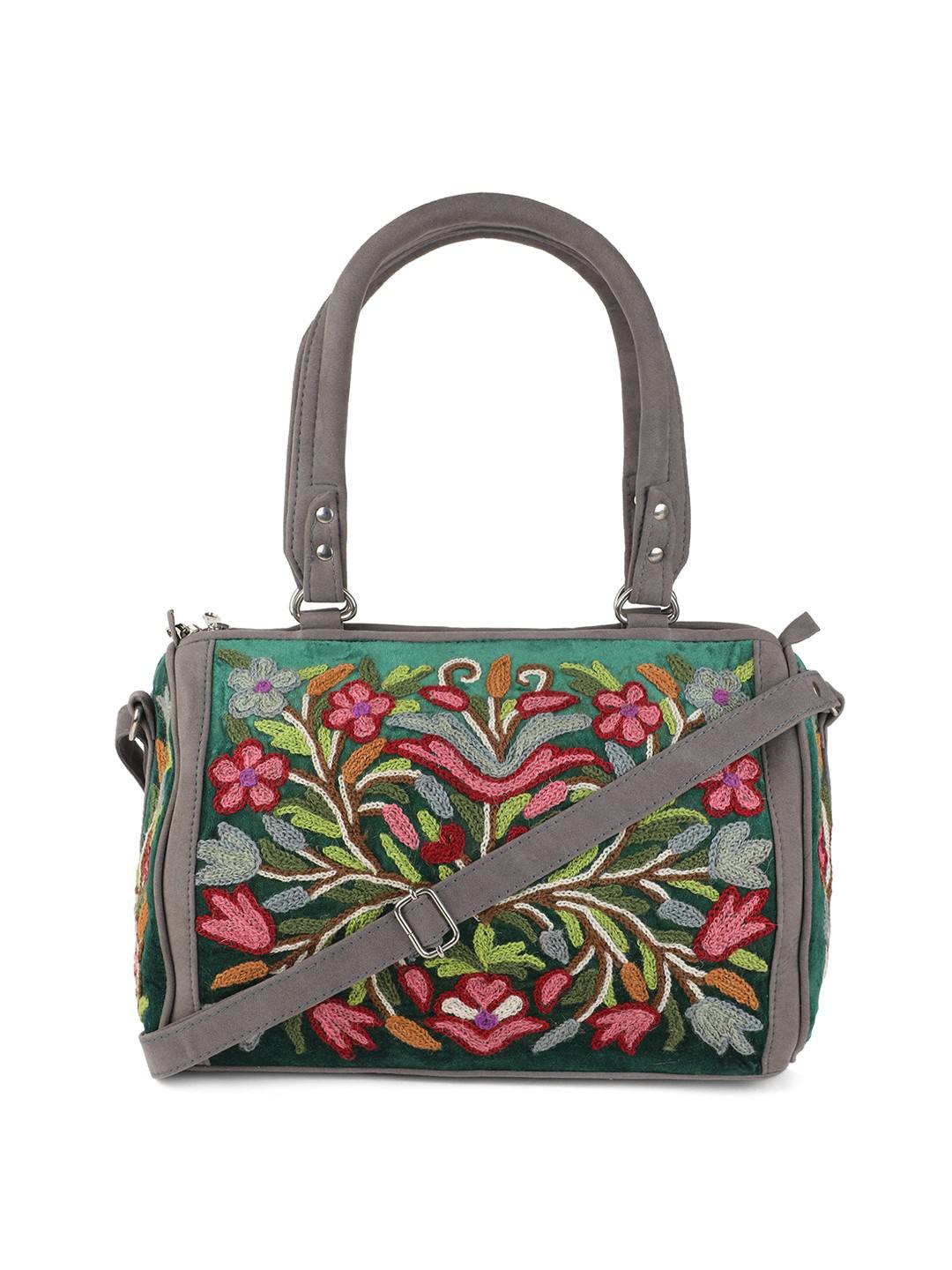 GREY & SHAMROCK GREEN SUEDE HANDBAG WITH MULTICOLOUR AARI EMBROIDERY WITH DOUBLE ZIP