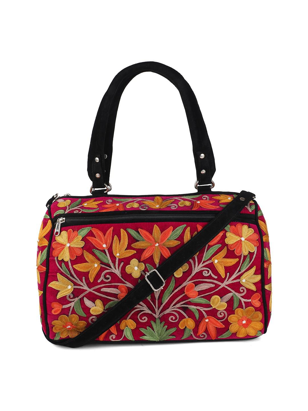 DEEP PINK & BLACK SUEDE HANDBAG WITH MULTICOLOUR AARI EMBROIDERY WITH DOUBLE ZIP