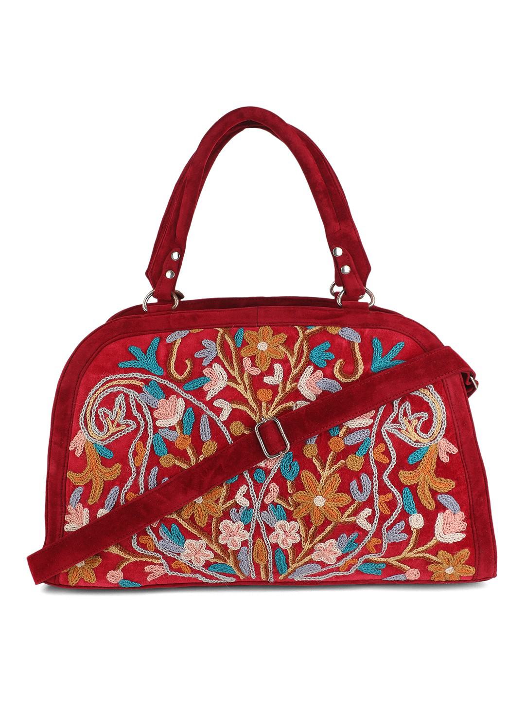 ROSEWOOD DUAL TONE SUEDE HANDBAG WITH MULTICOLOUR AARI EMBROIDERY WITH DOUBLE ZIP