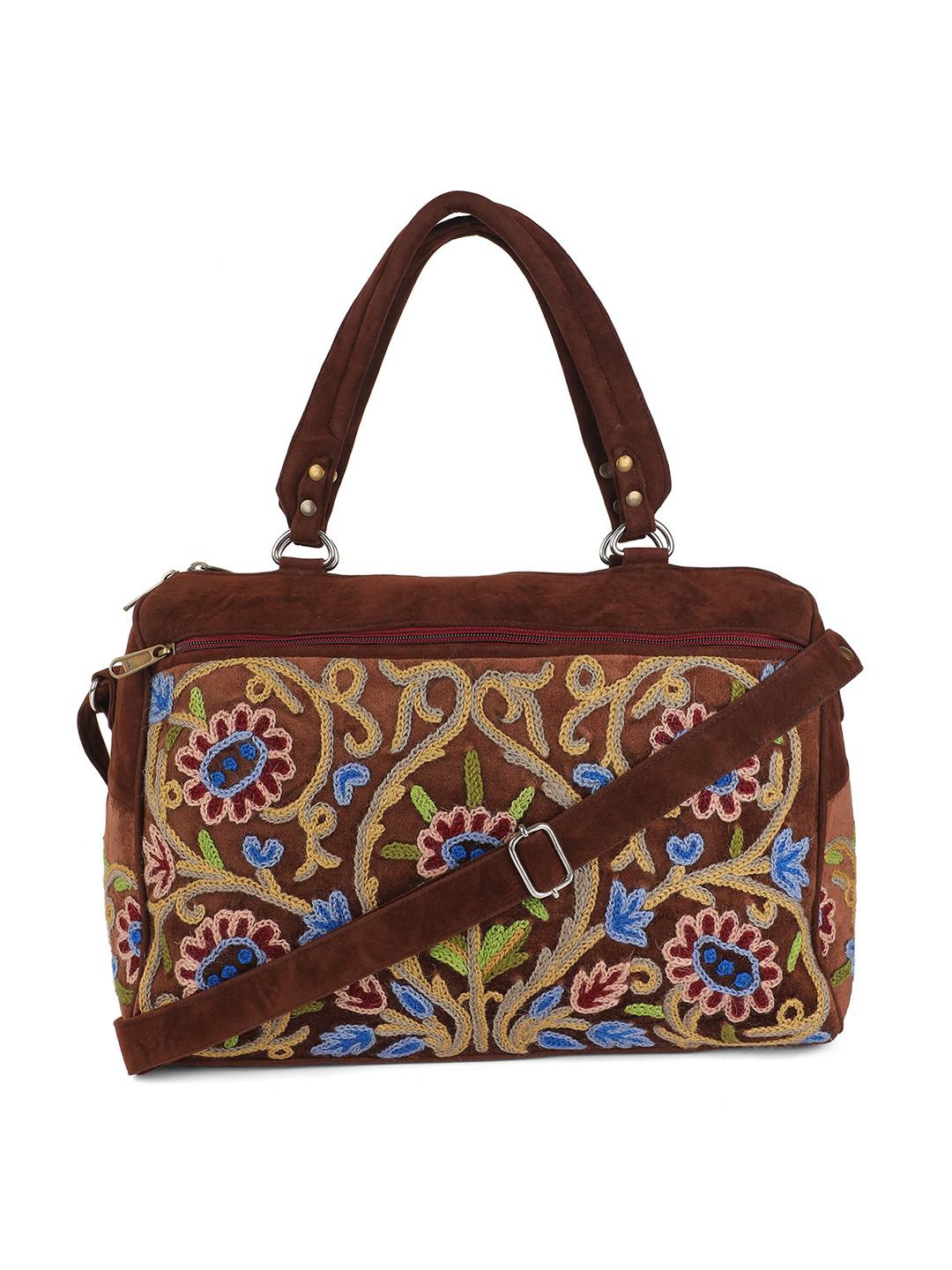 COFFEE BROWN SUEDE HANDBAG WITH MULTICOLOUR AARI EMBROIDERY WITH DOUBLE ZIP