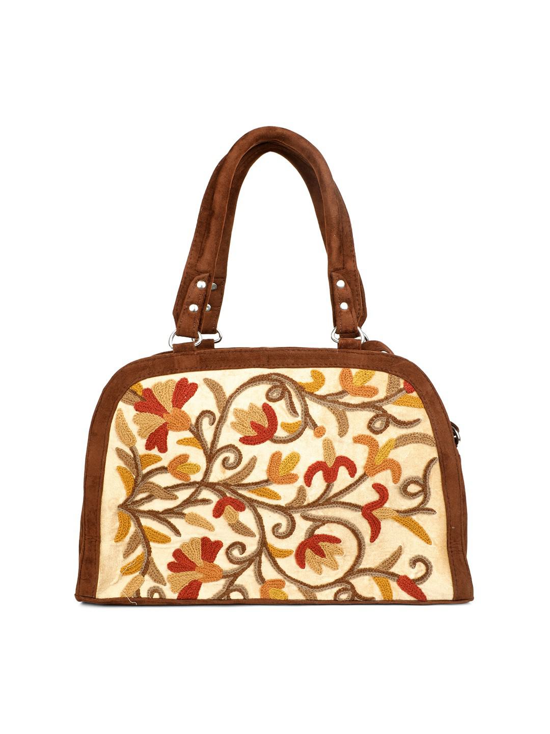 IVORY & COFFEE BROWN SUEDE HANDBAG WITH MULTICOLOUR AARI EMBROIDERY WITH DOUBLE ZIP