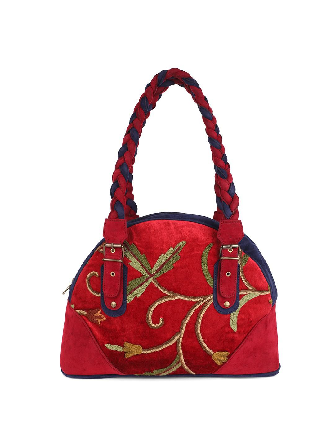 ROSEWOOD & NAVY BLUE SUEDE HANDBAG IN MULTICOLOUR AARI EMBROIDERY WITH PLEATED ROPE HANDLE