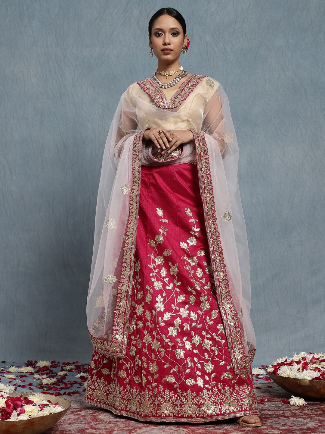 MAGENTA PINK SILK LEHENGA ENSEMBLE WITH DULL GOLD EMBROIDERY