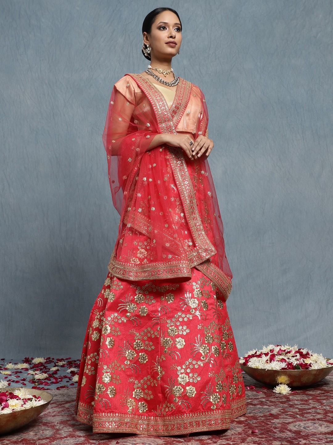 CRIMSON DUPION SILK LEHENGA ENSEMBLE WITH GOLD EMBROIDERY