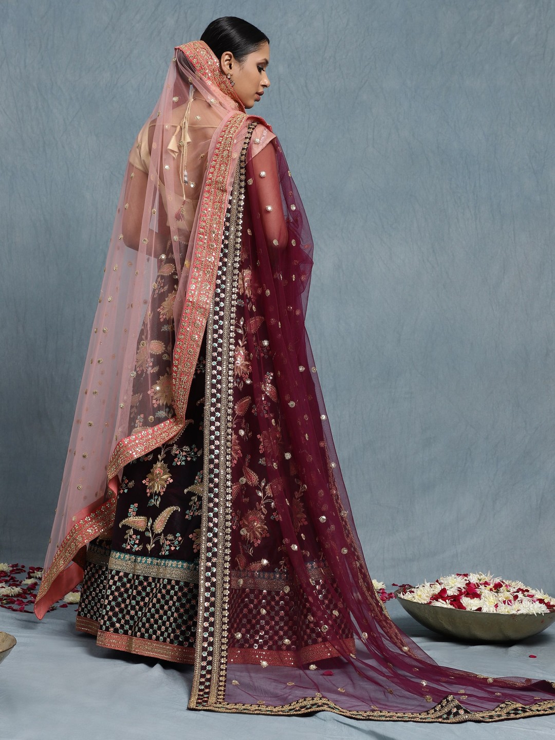 BURGUNDY LEHENGA ENSEMBLE WITH GOLD EMBROIDERY