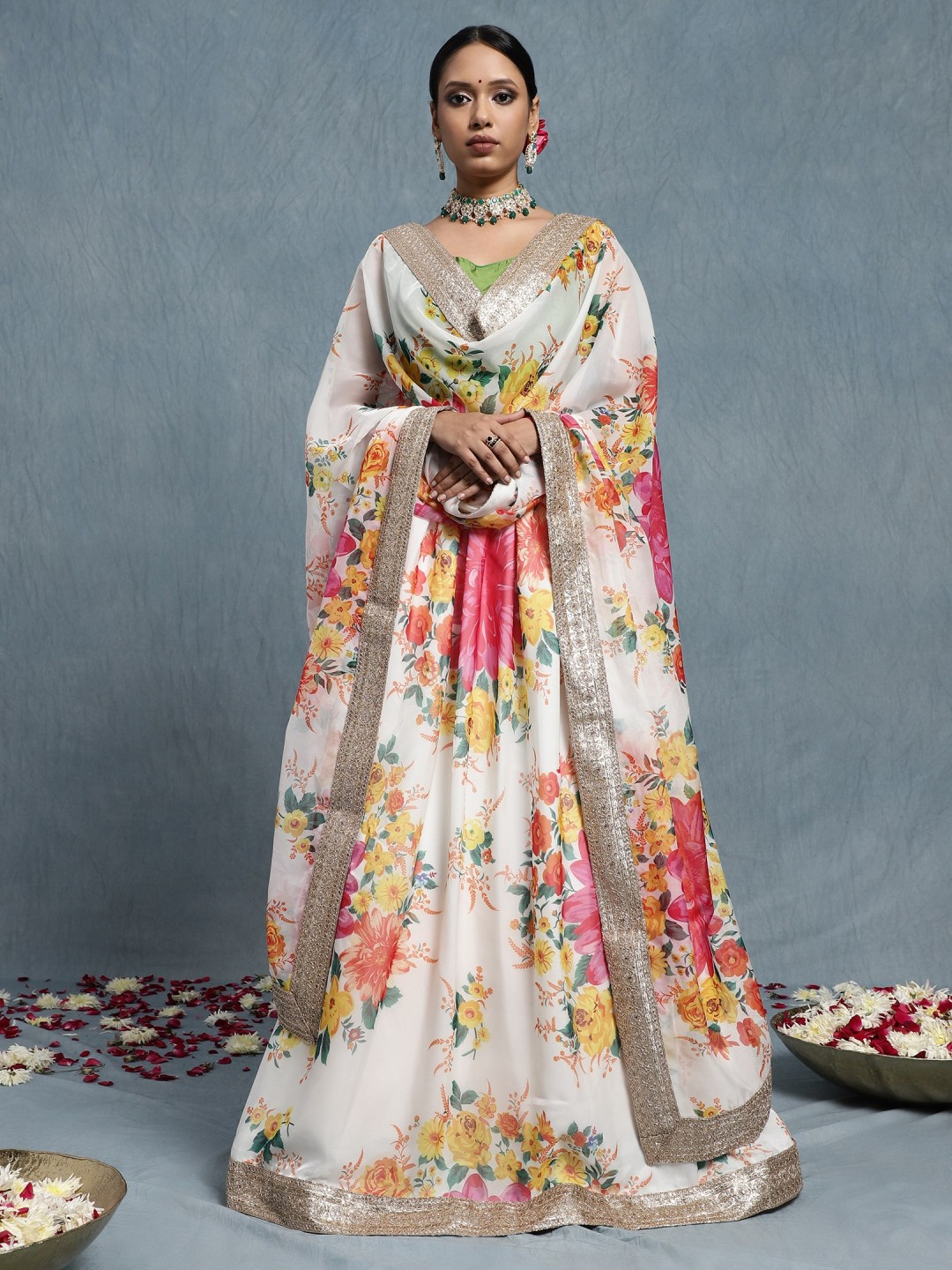 WHITE ORGANZA LEHENGA ENSEMBLE WITH DULL GOLD EMBROIDERY