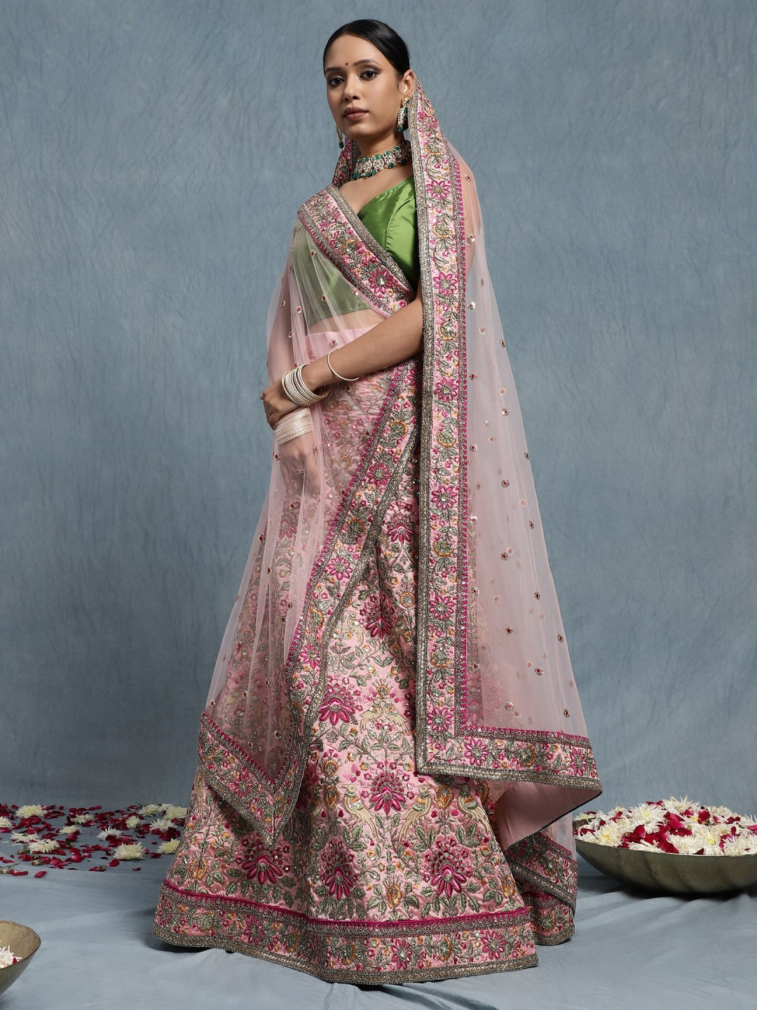 POWDER PINK & PASTEL GREEN SILK LEHENGA ENSEMBLE WITH ZARI & RESHAM EMBROIDERY