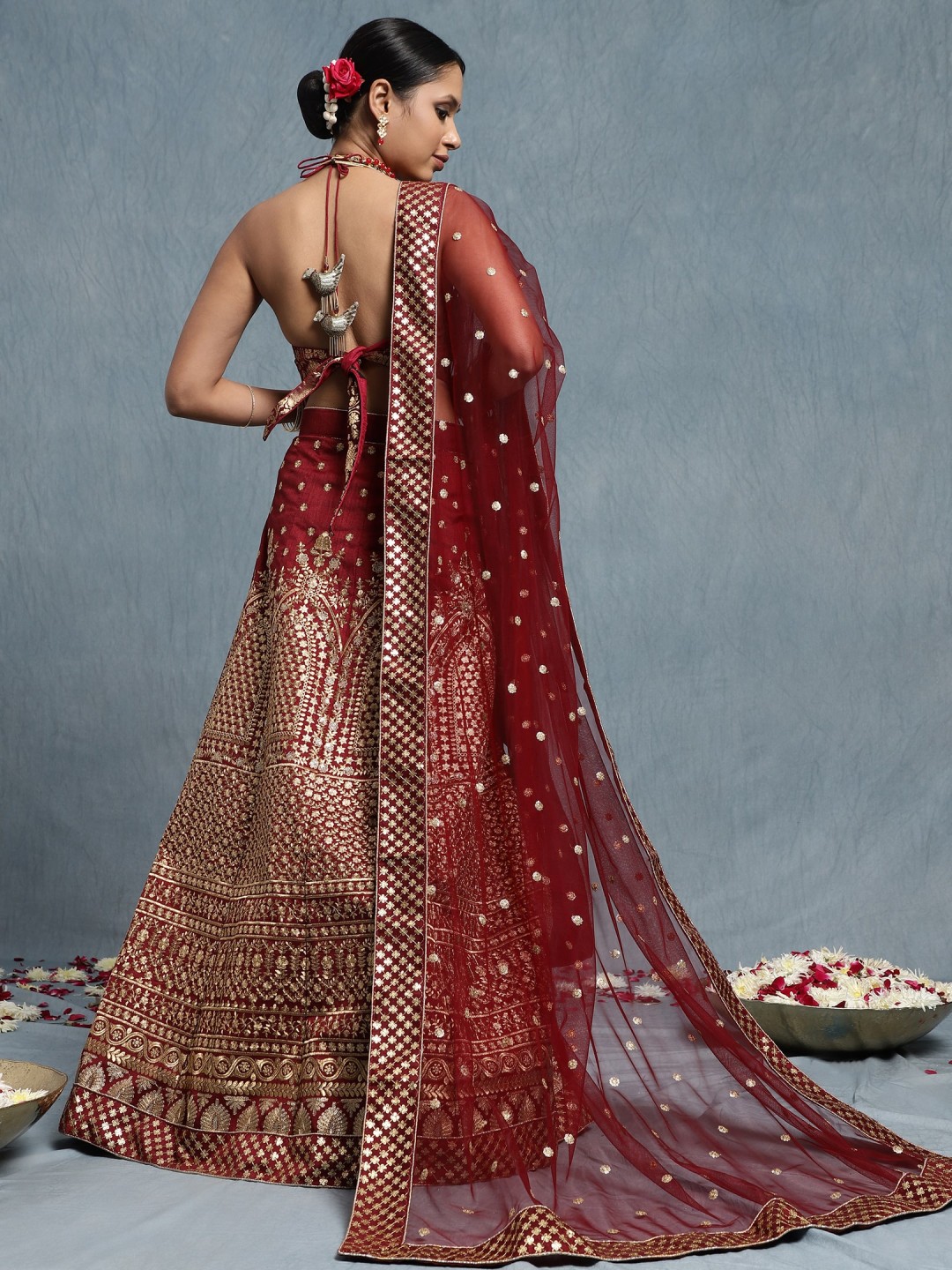 MAROON DUPION SILK LEHENGA ENSEMBLE WITH INTRICATE ZARI EMBROIDERY