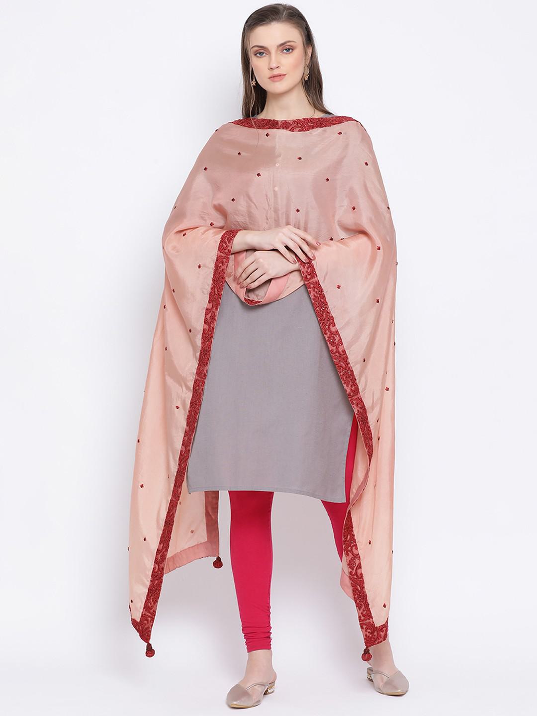 SALMON PINK PAPER SILK DUPATTA WITH BEMBERG SATIN FACING & RED EMBROIDERY