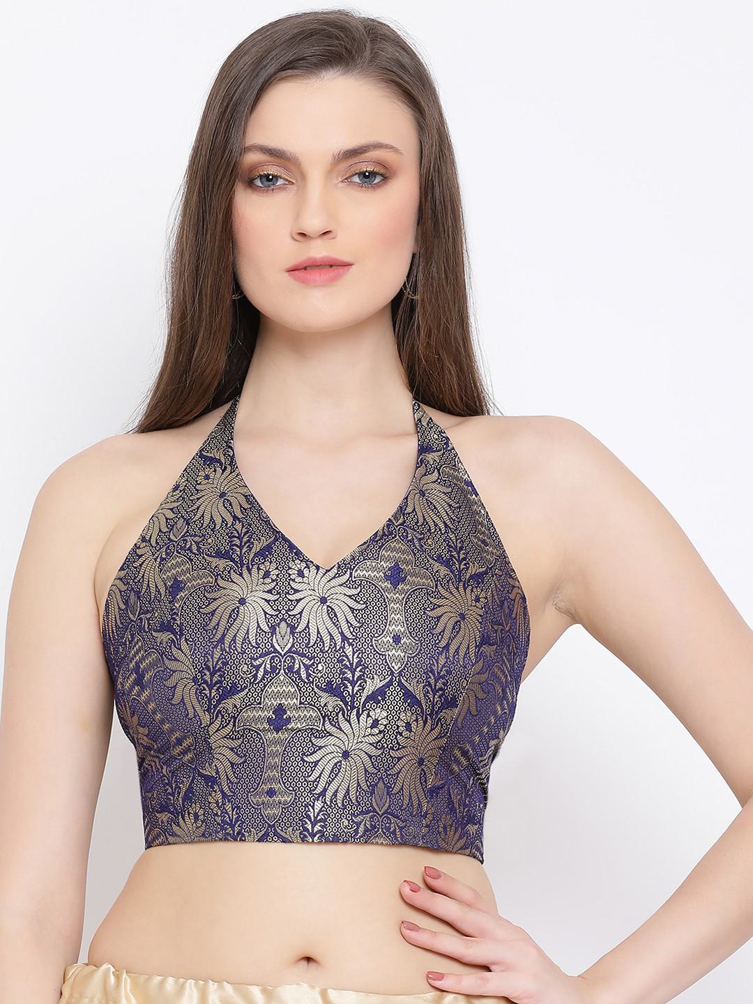 BLUE GOLD BROCADE BIKINI TOP BLOUSE WITH STRINGS