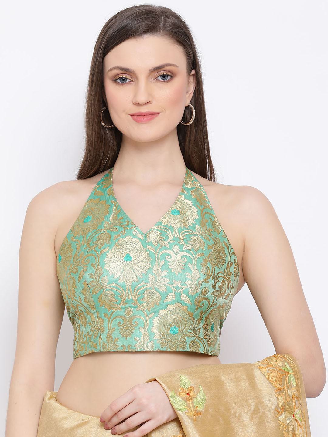 SEA GREEN & GOLD BROCADE BIKINI BLOUSE WITH STRINGS