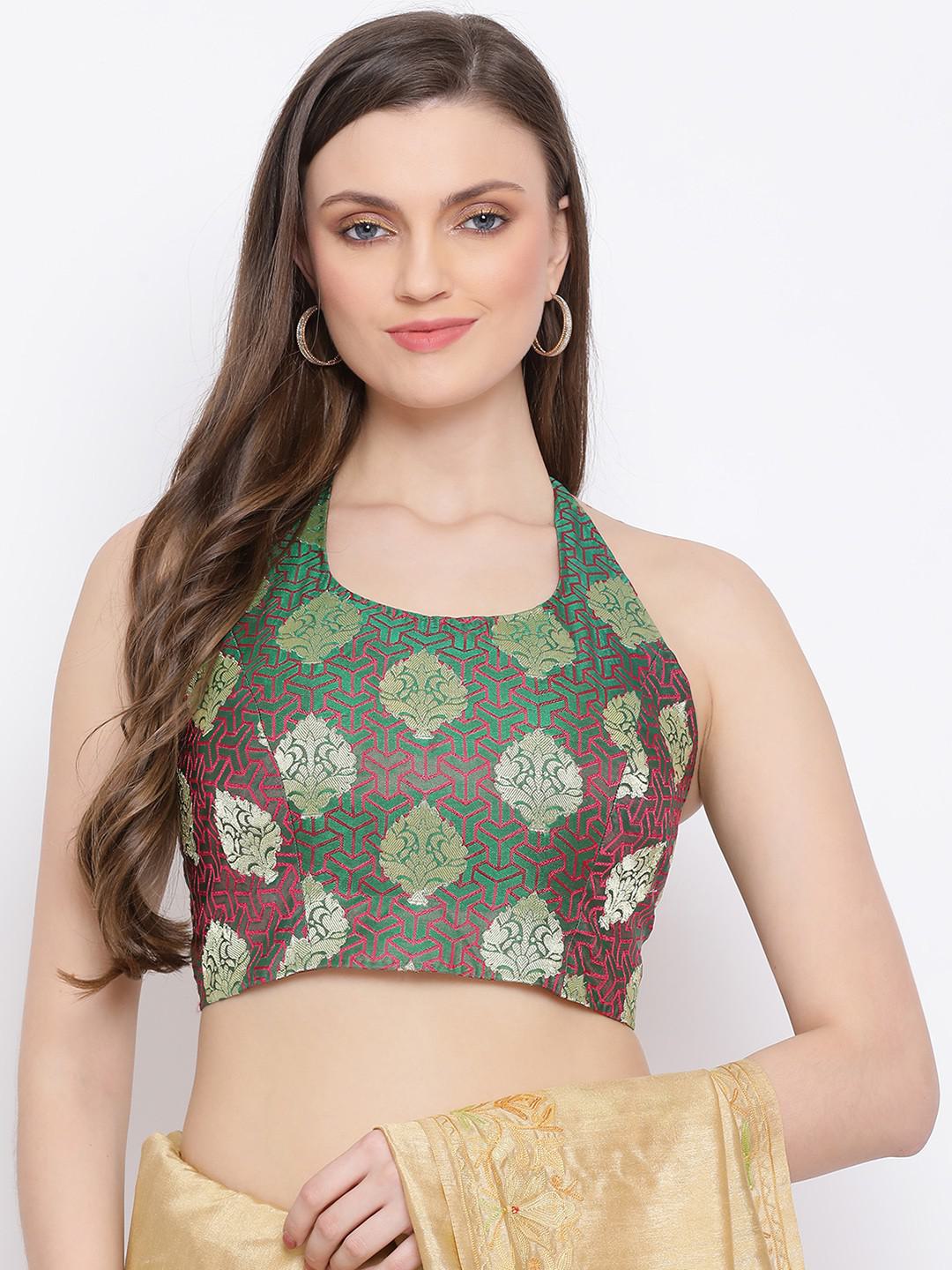 EMERALD GREEN & PINK GOLD BROCADE BIKINI BLOUSE WITH STRINGS