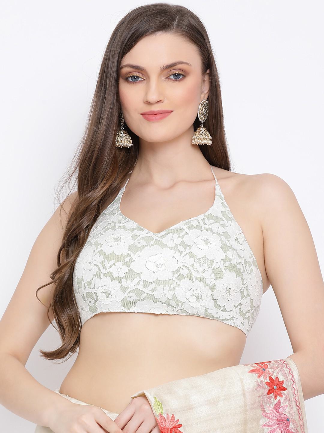 LIME GREEN & IVORY SHEATING GEORGETTE & LACE BIKINI BLOUSE WITH STRINGS