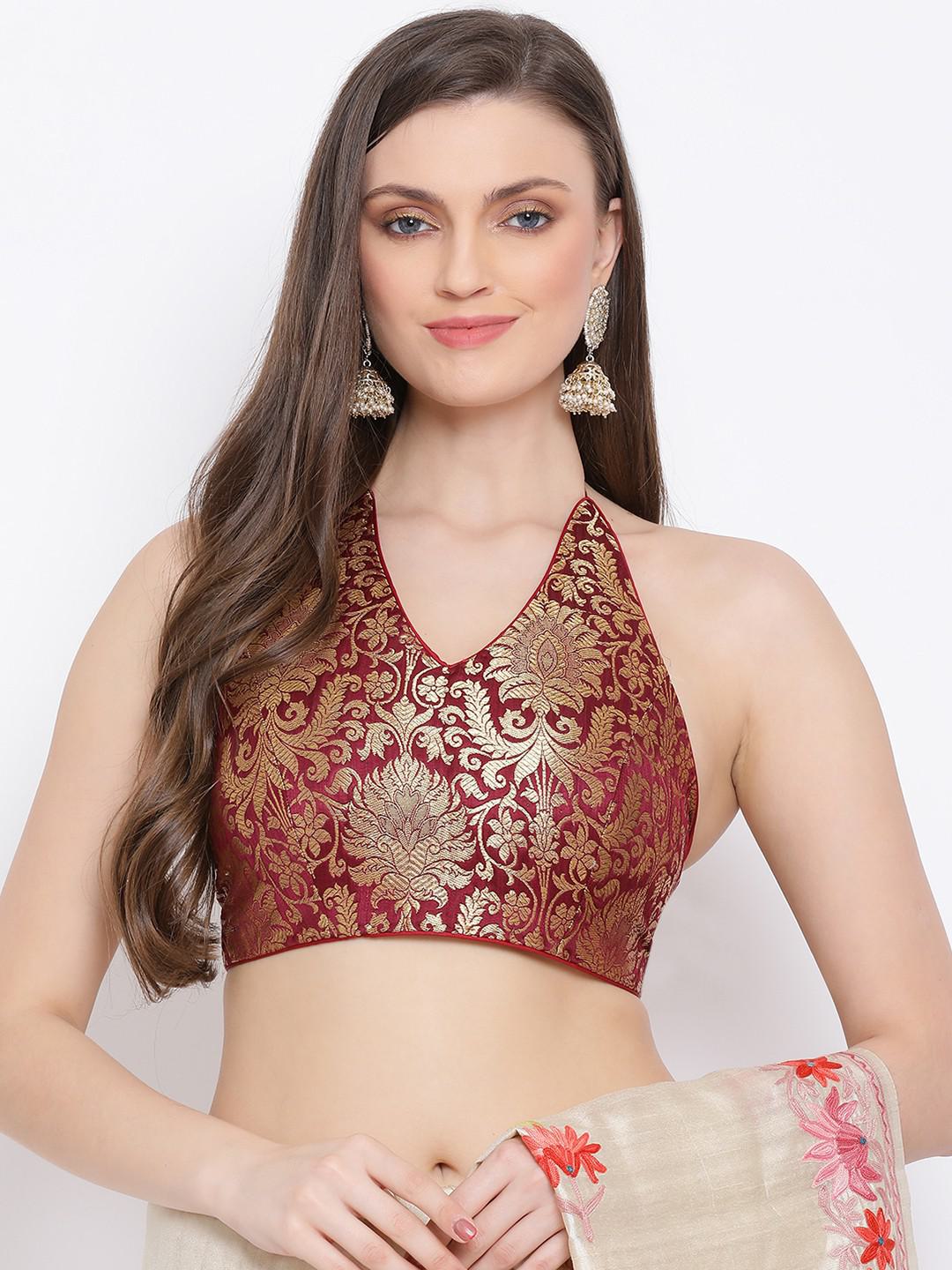 DEEP MAROON GOLD BROCADE BIKINI BLOUSE WITH STRINGS