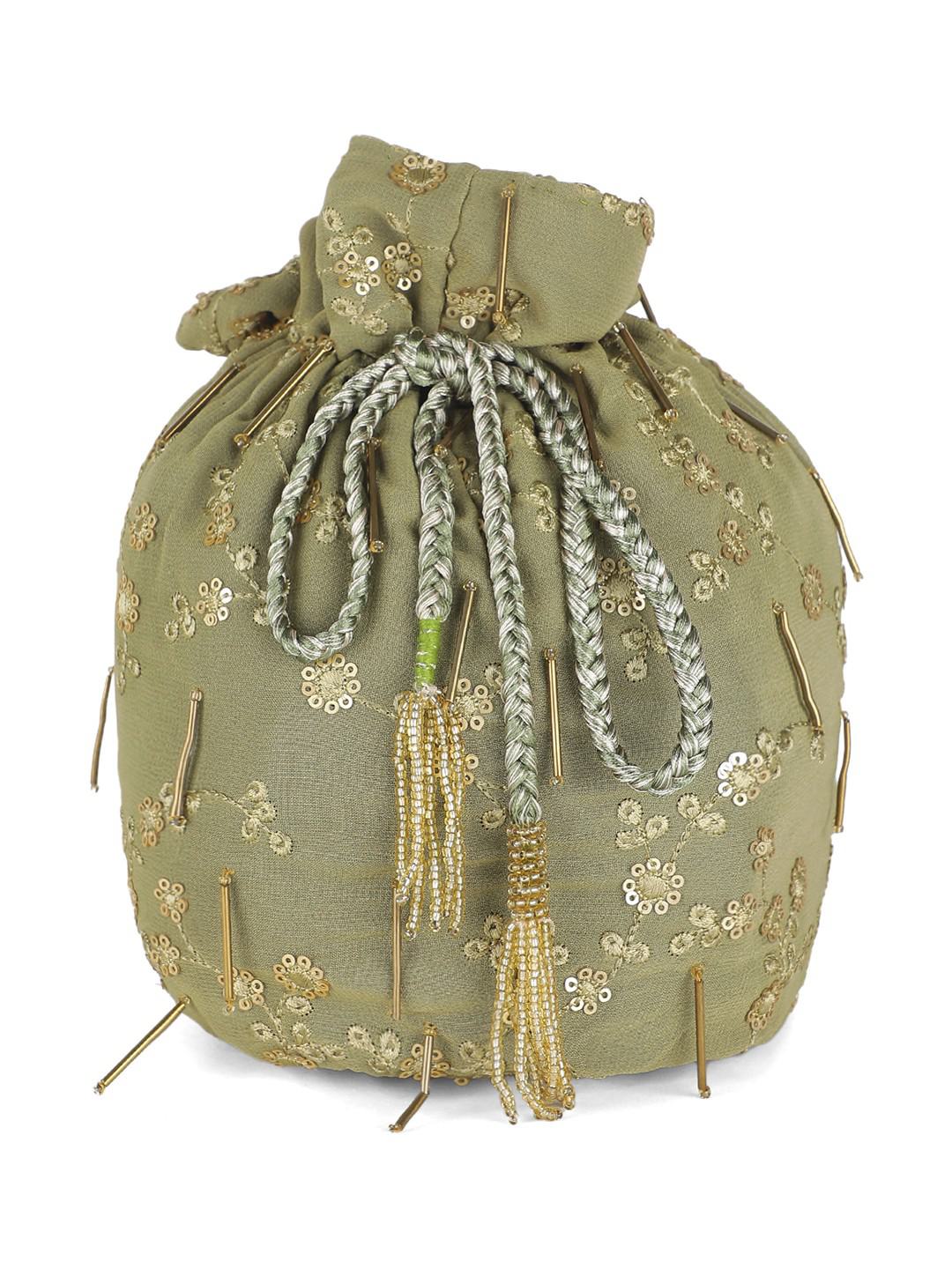 MOSS GREEN GEORGETTE EMBROIDERED POTLI BAG WITH BEADWORK LATKANS