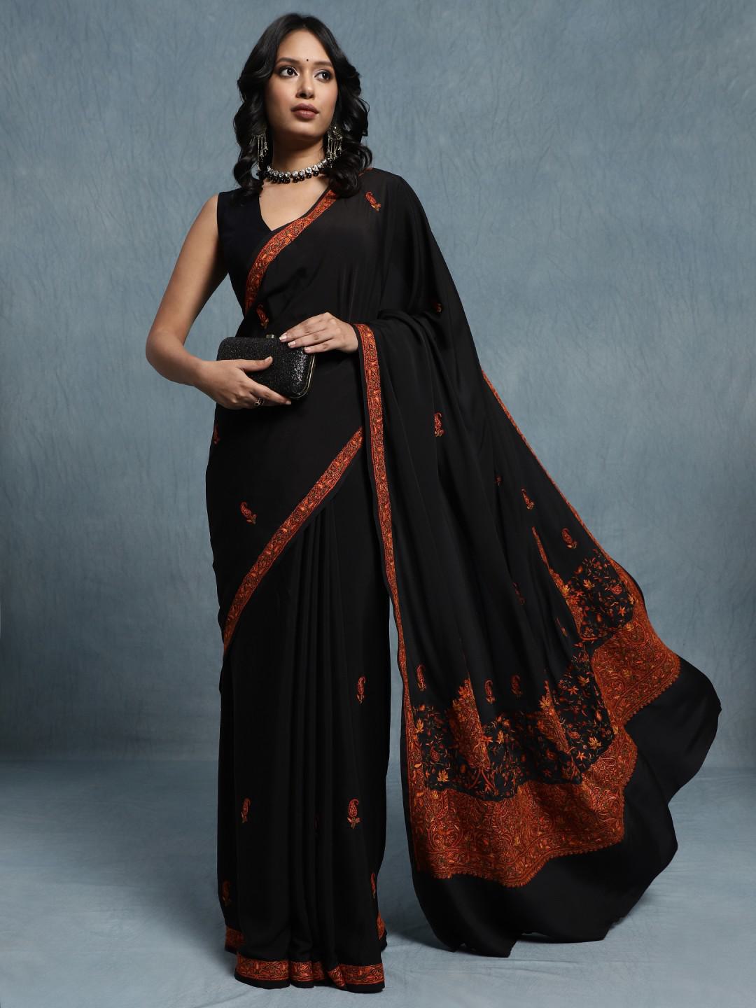 PURE BLACK CREPE SAREE WITH SOZNI HAND EMBROIDERY