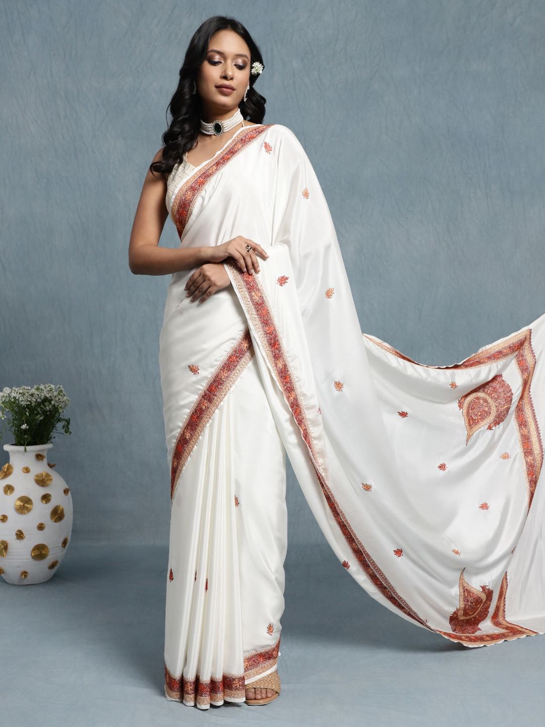 PURE IVORY CREPE SAREE WITH SOZNI HAND EMBROIDERY