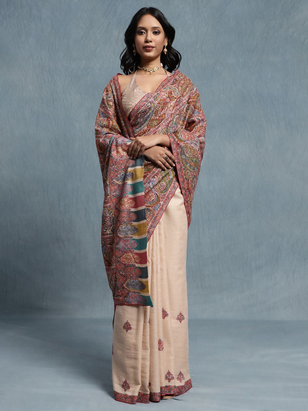 BEIGE KHUDRANG PURE PASHMINA JAMAWAR KALAMKARI PALLA AND BUTIS ALL OVER SAREE