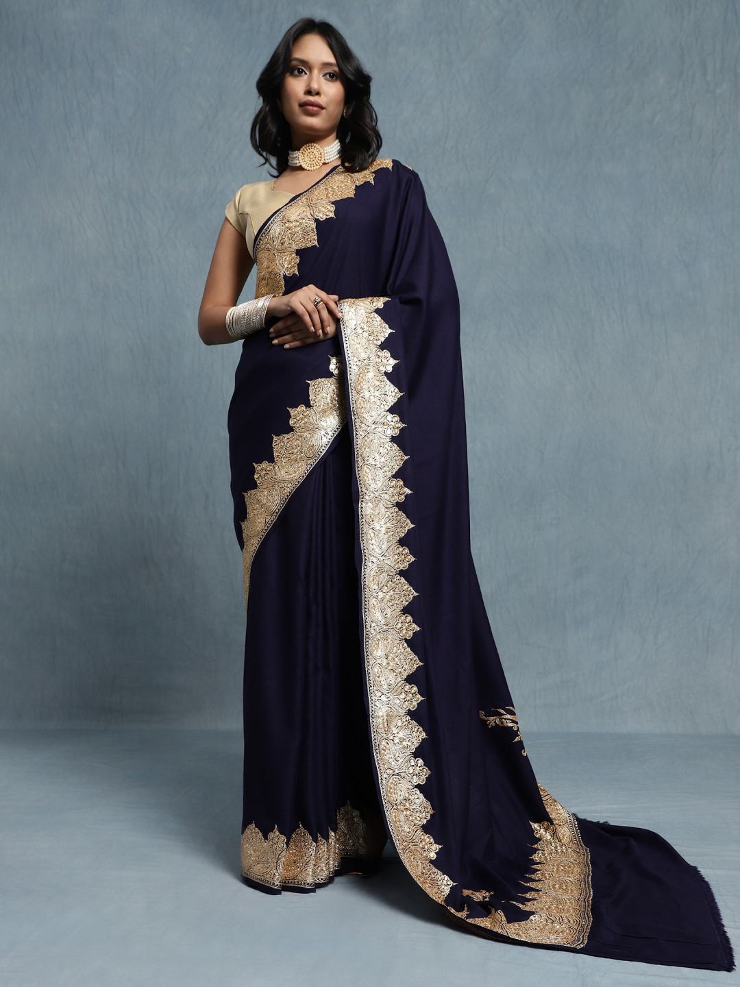 MIDNIGHT BLUE PURE PASHMINA WITH SILVER TILLA EMBROIDERY AT THE BORDER & PALLA CORNERS