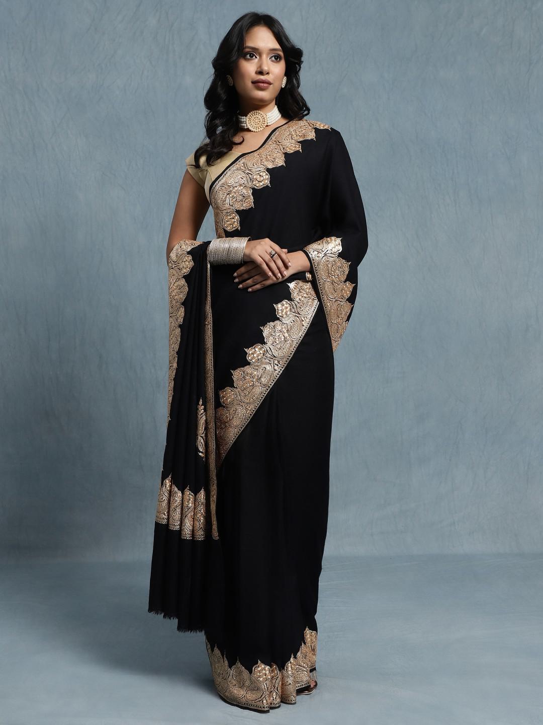 BLACK PURE PASHMINA WITH SILVER TILLA EMBROIDERY AT THE BORDER & PALLA CORNERS