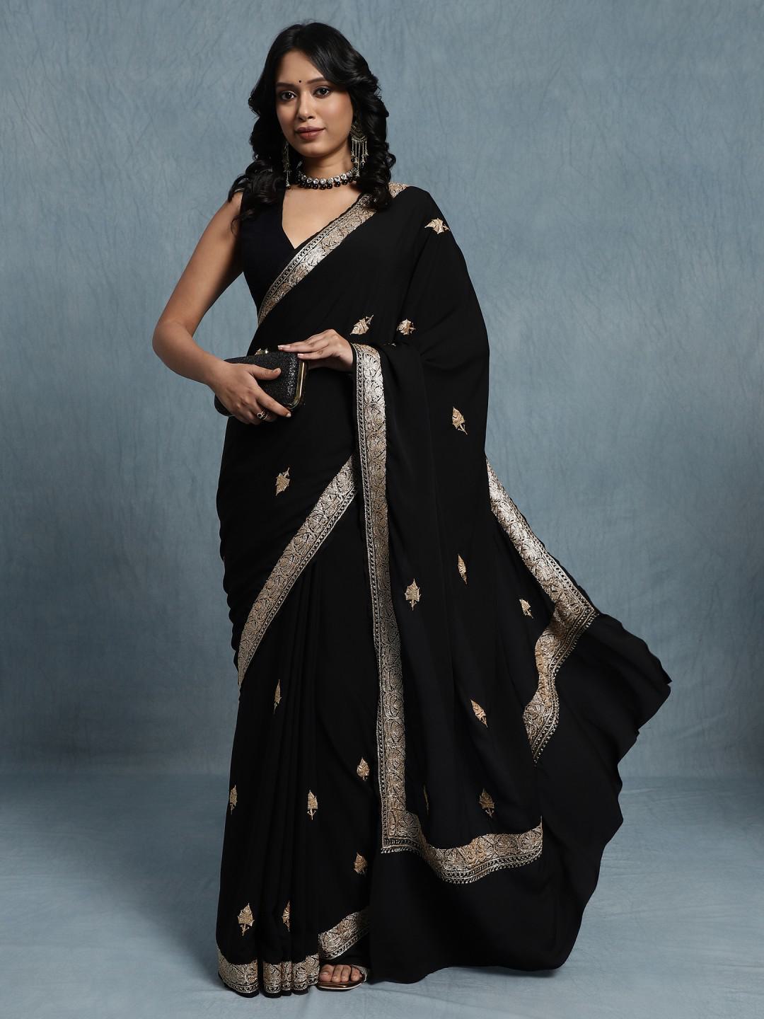 BLACK PURE CREPE 110GMS WITH PURE SILVER TILLA EMBROIDERY OB BORDERS & BUTIS ALL OVER