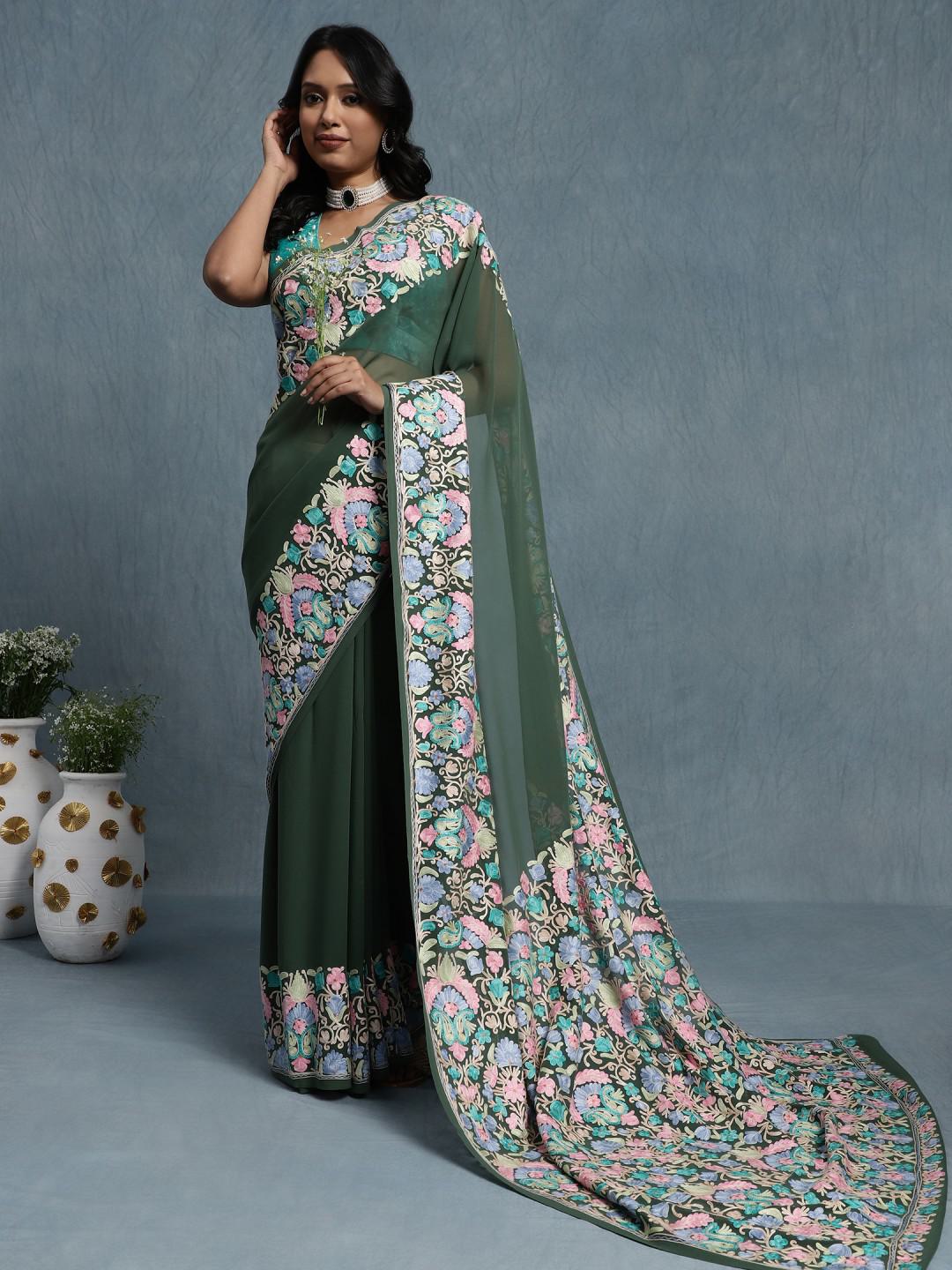 FOREST GREEN GEORGETTE SAREE WITH MACHINE AARI JAMAWAR JAAL WORK