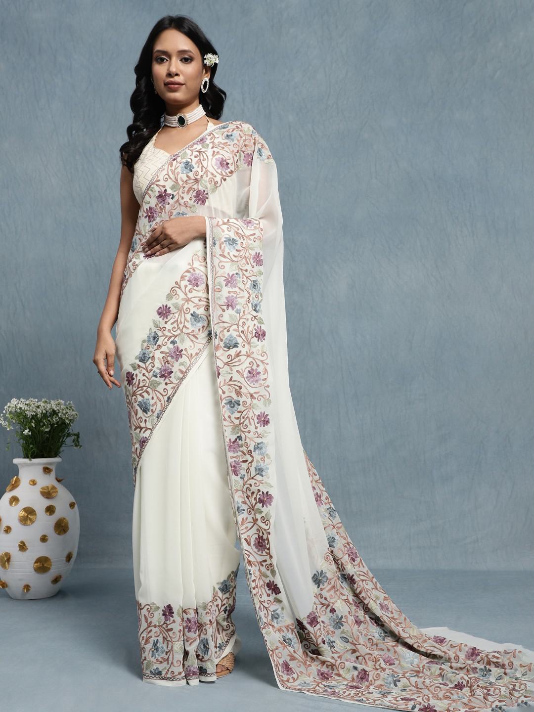 IVORY GEORGETTE SAREE WITH MACHINE AARI JAMAWAR JAAL WORK