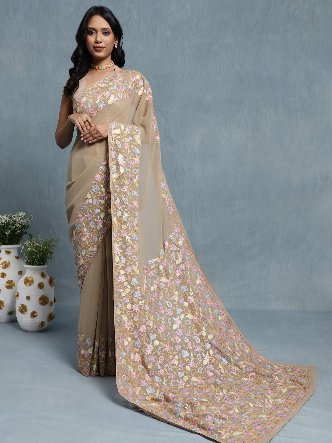 COFFEE GEORGETTE SAREE WITH MACHINE AARI JAMAWAR JAAL WORK