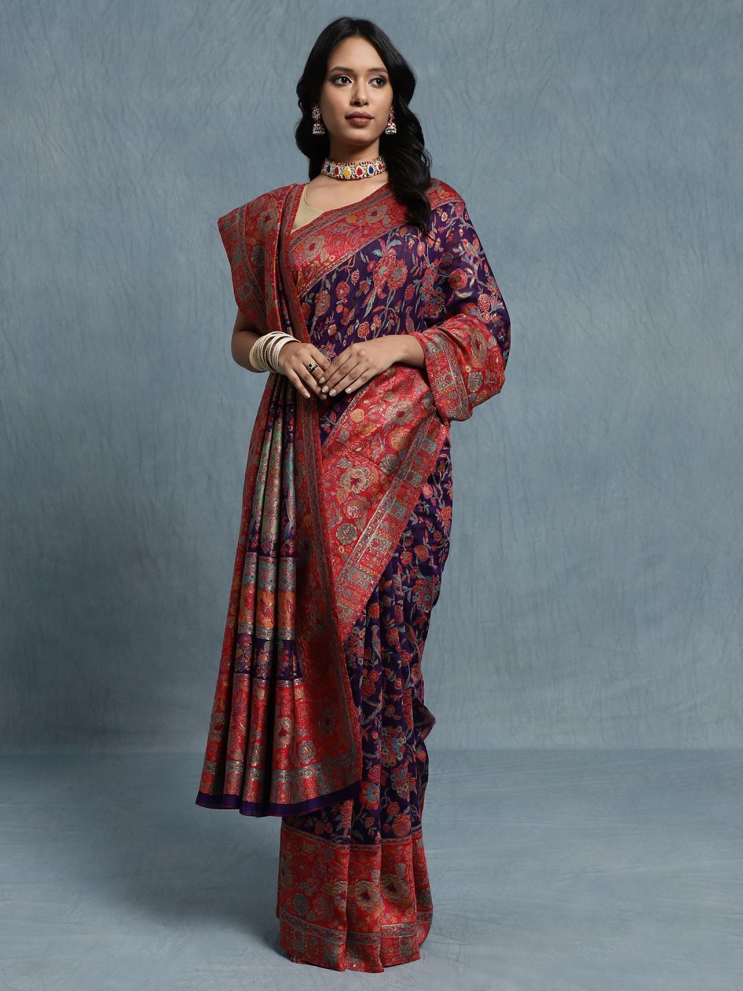 DEEP PURPLE & RED KATAN SILK WOVEN HANDLOOM SAREE WITH PURE SILVER ZARI & TREE OF LIFE MOTIFS