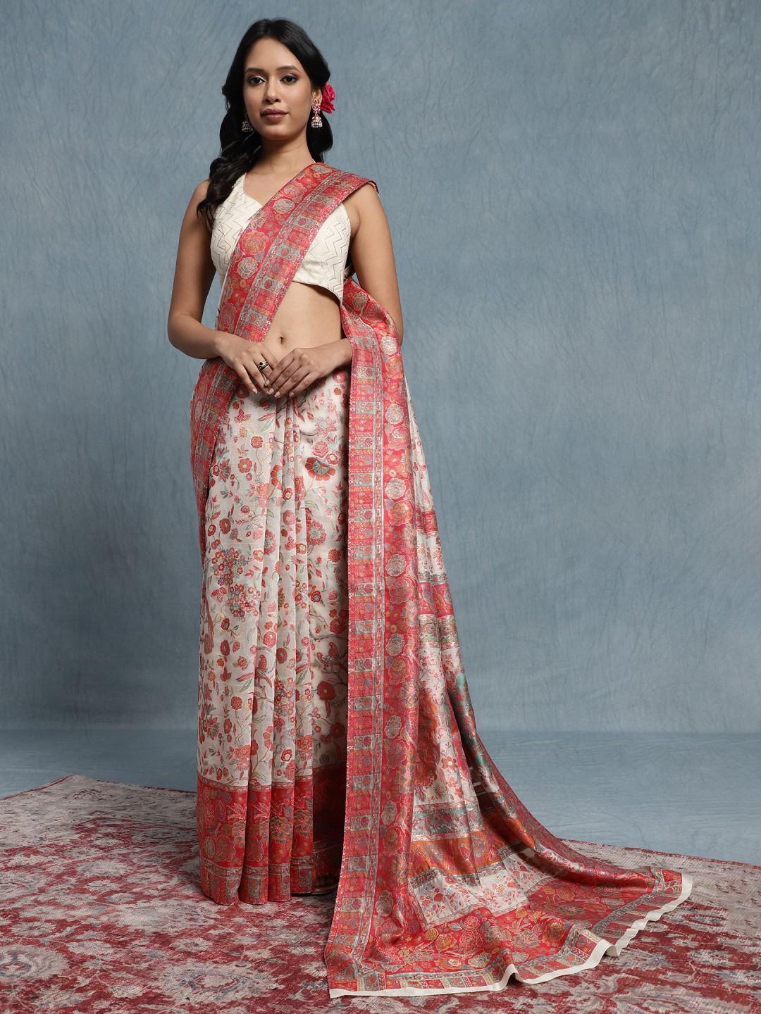 CREAM & RED KATAN SILK WOVEN HANDLOOM SAREE WITH PURE SILVER ZARI & TREE OF LIFE MOTIFS