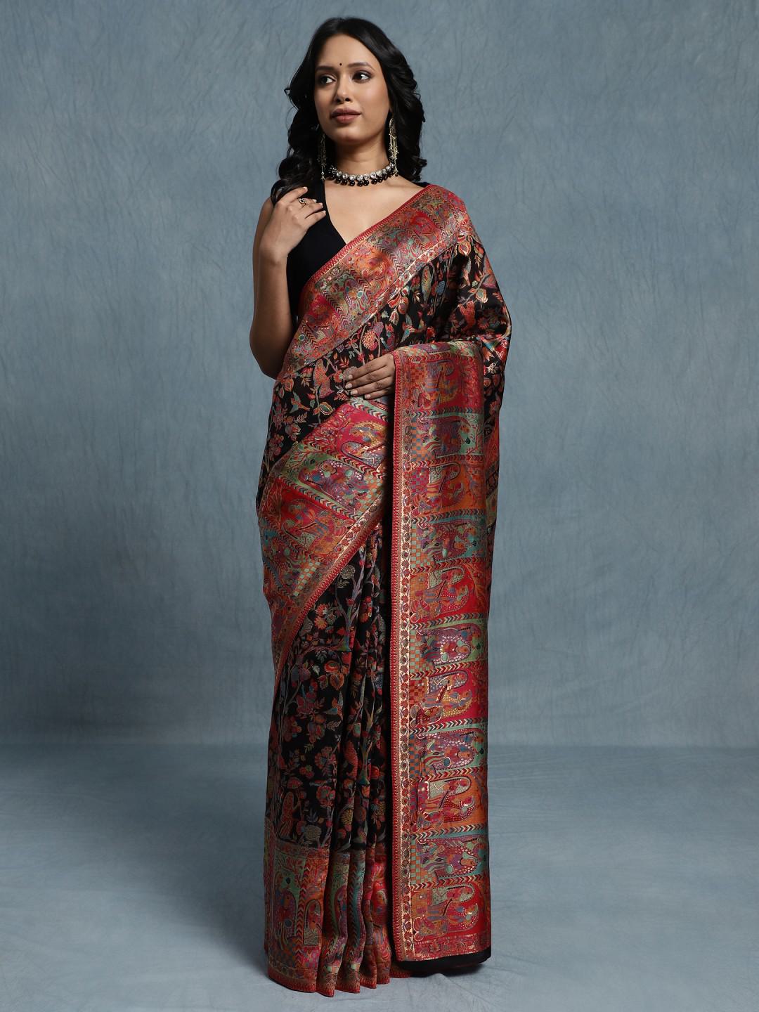 BLACK & RED KATAN SILK WOVEN HANDLOOM SAREE WITH PURE SILVER ZARI & TREE OF LIFE MOTIFS