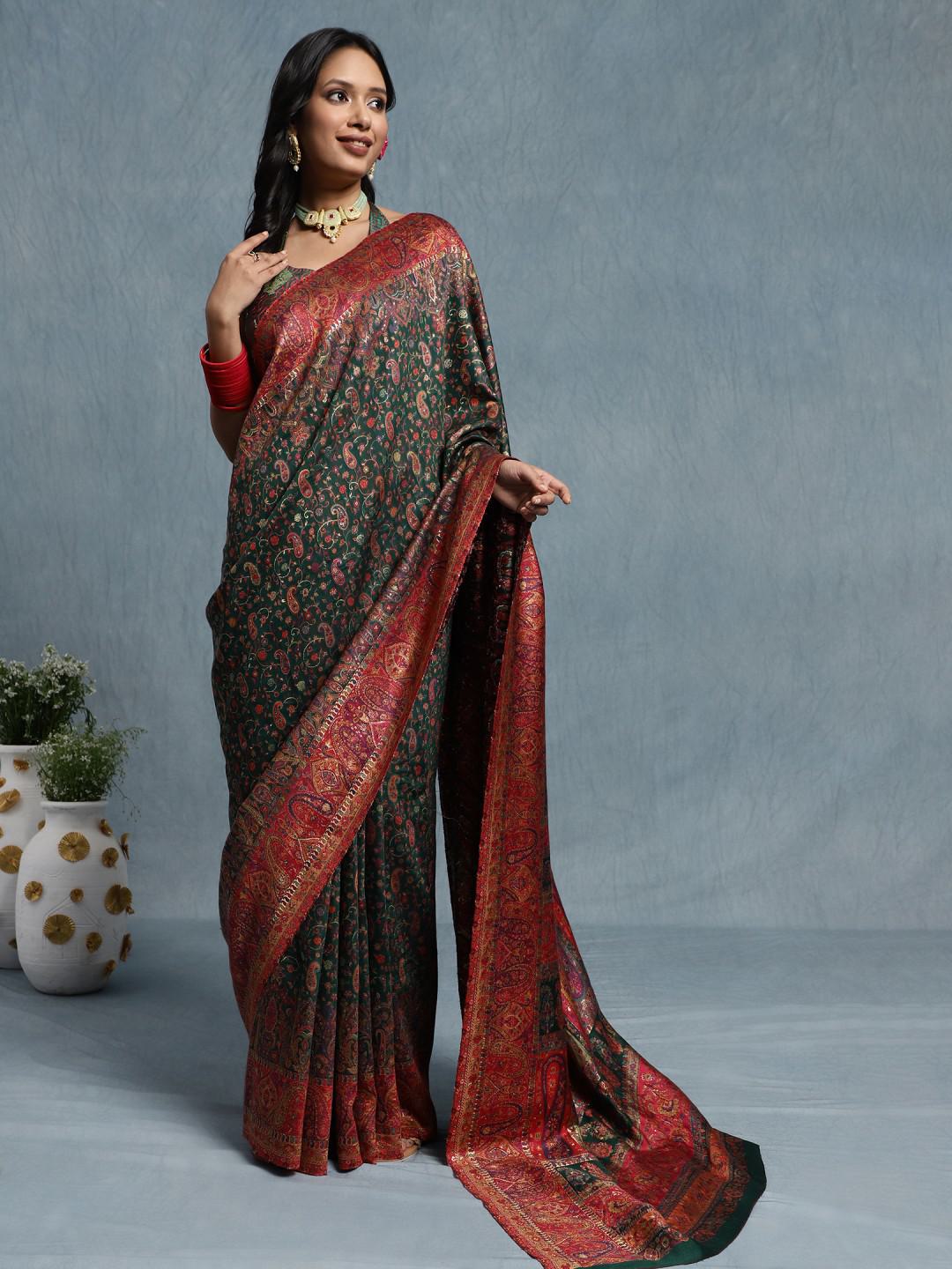 EMERALD GREEN & RED KATAN SILK WOVEN HANDLOOM SAREE WITH PURE SILVER ZARI & TREE OF LIFE MOTIFS