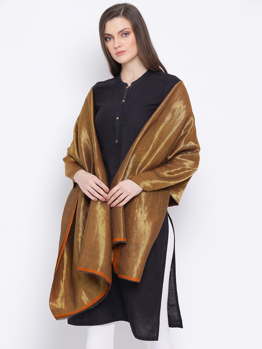 PURE PASHMINA REVERSIBLE SHAWL IN WOVEN ZARI IN DUAL TONES OF RUST & GOLD HUES
