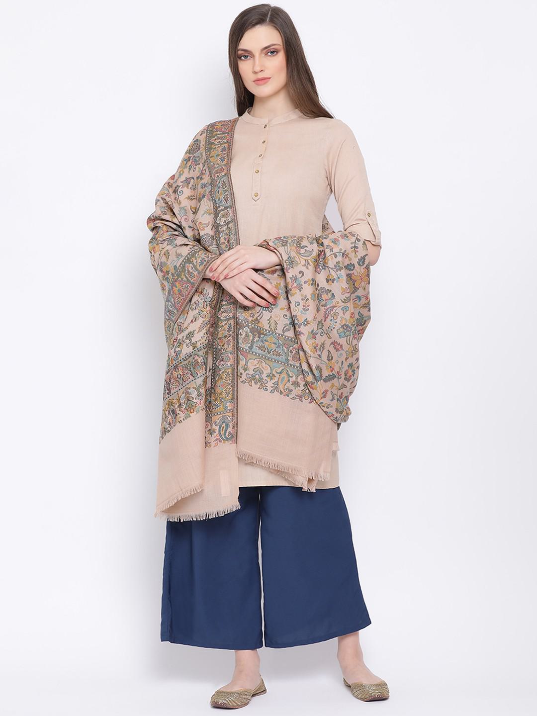 PURE PASHMINA SHAWL IN DARK BIEGE KANI JALI EMBROIDERY IN RED & GREEN