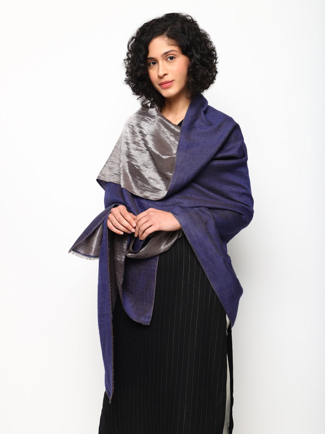 PASHMINA HAND EMBROIDERED SHAWL IN CHARCOAL BLACK & SILVER