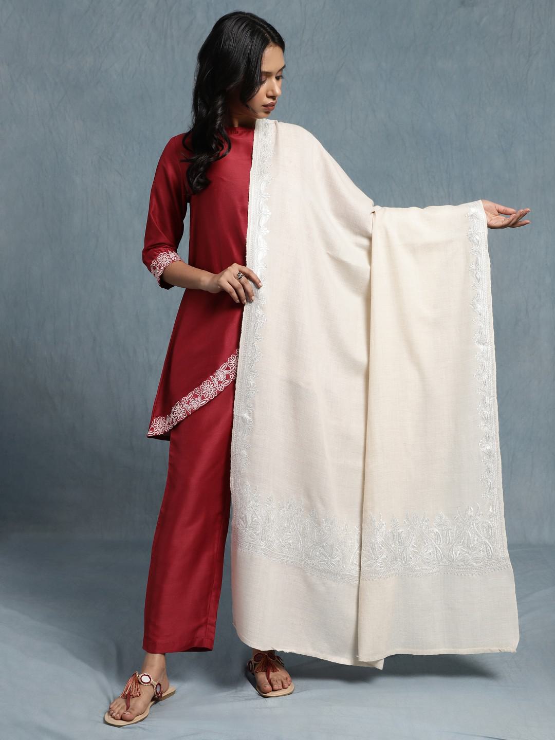 IVORY PURE PASHMINA SHAWL WITH PURE SILVER TILLA HAND EMBROIDERY