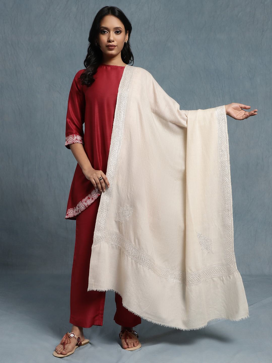 IVORY PURE PASHMINA SHAWL WITH PURE SILVER TILLA HAND EMBROIDERY