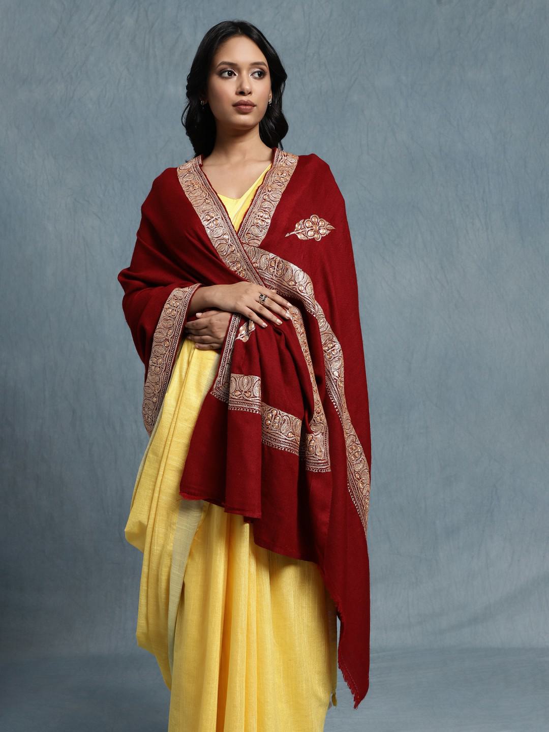 MAROON PURE PASHMINA SHAWL WITH PURE SILVER TILLA HAND EMBROIDERY