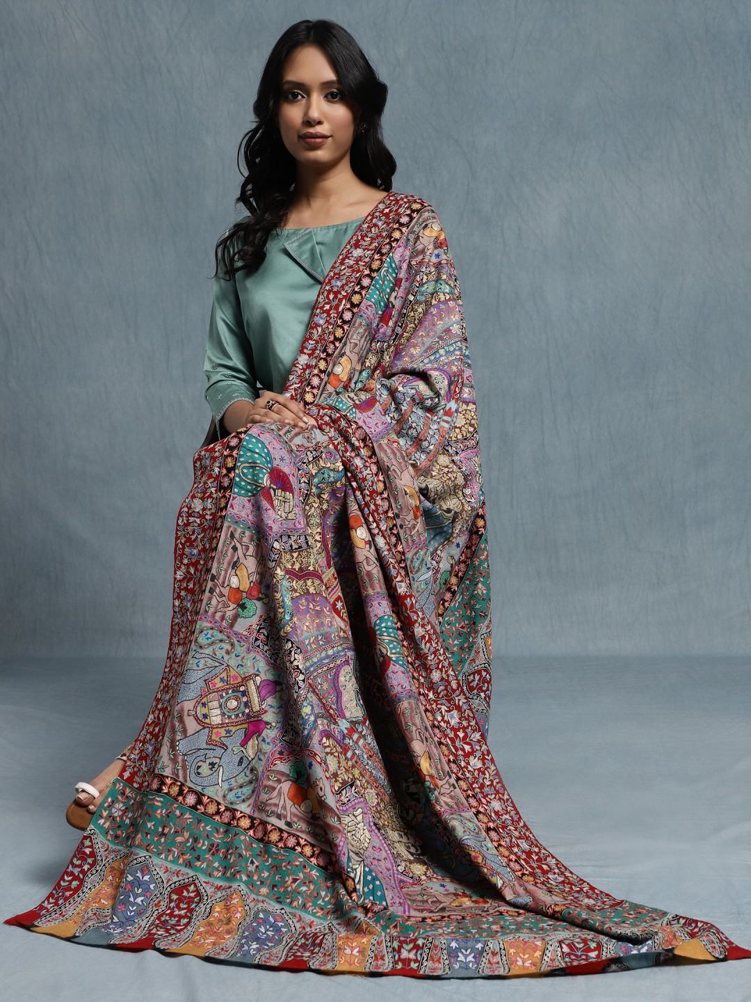 MULTICOLOUR PURE PASHMINA JAMAVAR SHAWL WITH KALAMKARI DARBAR EMBROIDERY