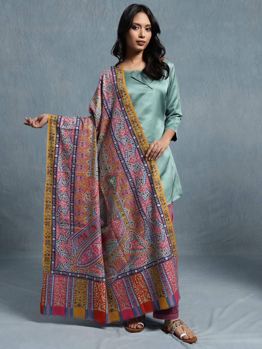 MULTICOLOUR PURE PASHMINA JAMAVAR SHAWL WITH KALAMKARI EMBROIDERY