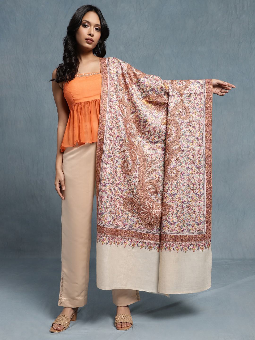 IVORY PURE PASHMINA JAMAVAR SHAWL WITH SOZNI EMBROIDERY