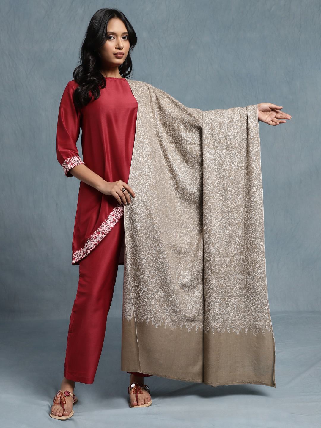 KHUDRANG PURE PASHMINA JAMAVAR SHAWL WITH WHITE THREAD SOZNI EMBROIDERY