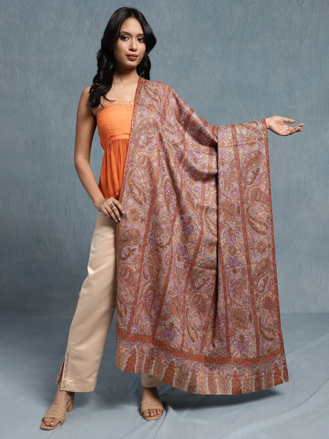 MULTICOLOUR STRIPED PURE PASHMINA JAMAVAR SHAWL WITH SOZNI EMBROIDERY