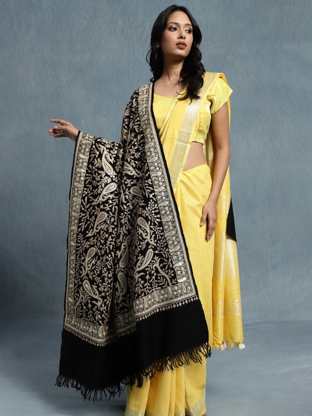BLACK PURE PASHMINA SHAWL WITH WHITE GOLD TILLA EMBROIDERY