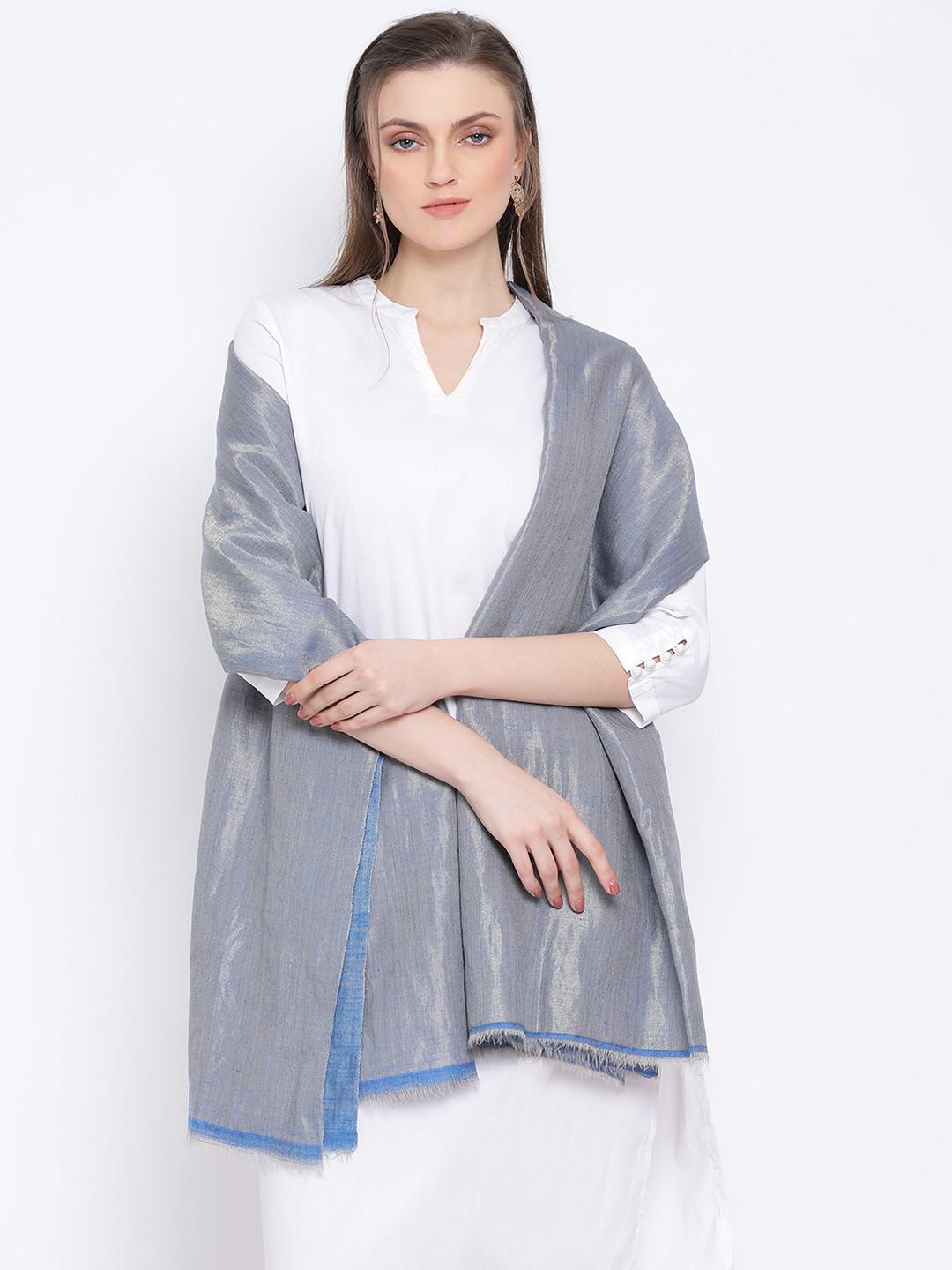 PURE PASHMINA REVERSIBLE SHAWL IN WOVEN ZARI IN DUAL TONES OF CERULEAN & WHITE GOLD HUES