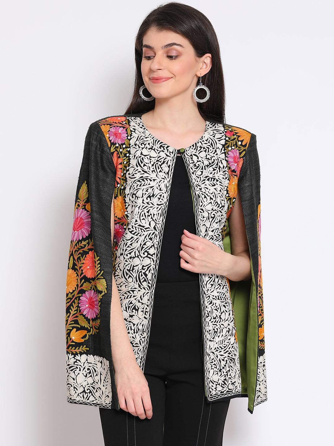 KASMIRI CREWEL EMBROIDERY RAW SILK CAPE JACKET WITH ARMANI SILK LINING